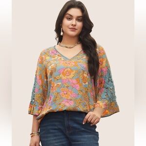 BloomChic Plus Size XL Boho Print Guipure Lace Ruffles Blouse us14-16